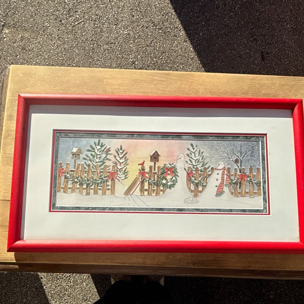 Cute Winter Scene Painting by L. Spivey Wood Picture Frame 24x13 Landscape
